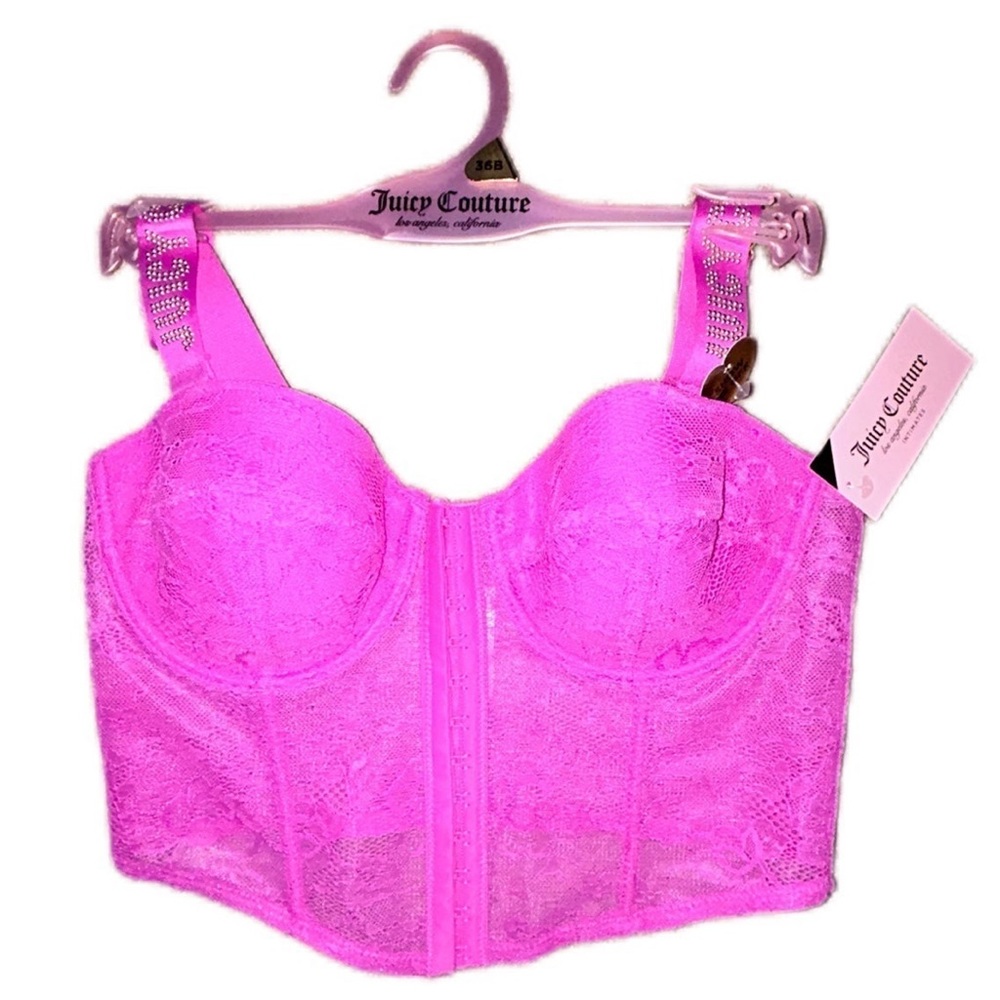 Juicy Couture Corset RARE bra 36B lace/studded pink REMOVABLE STRAPS